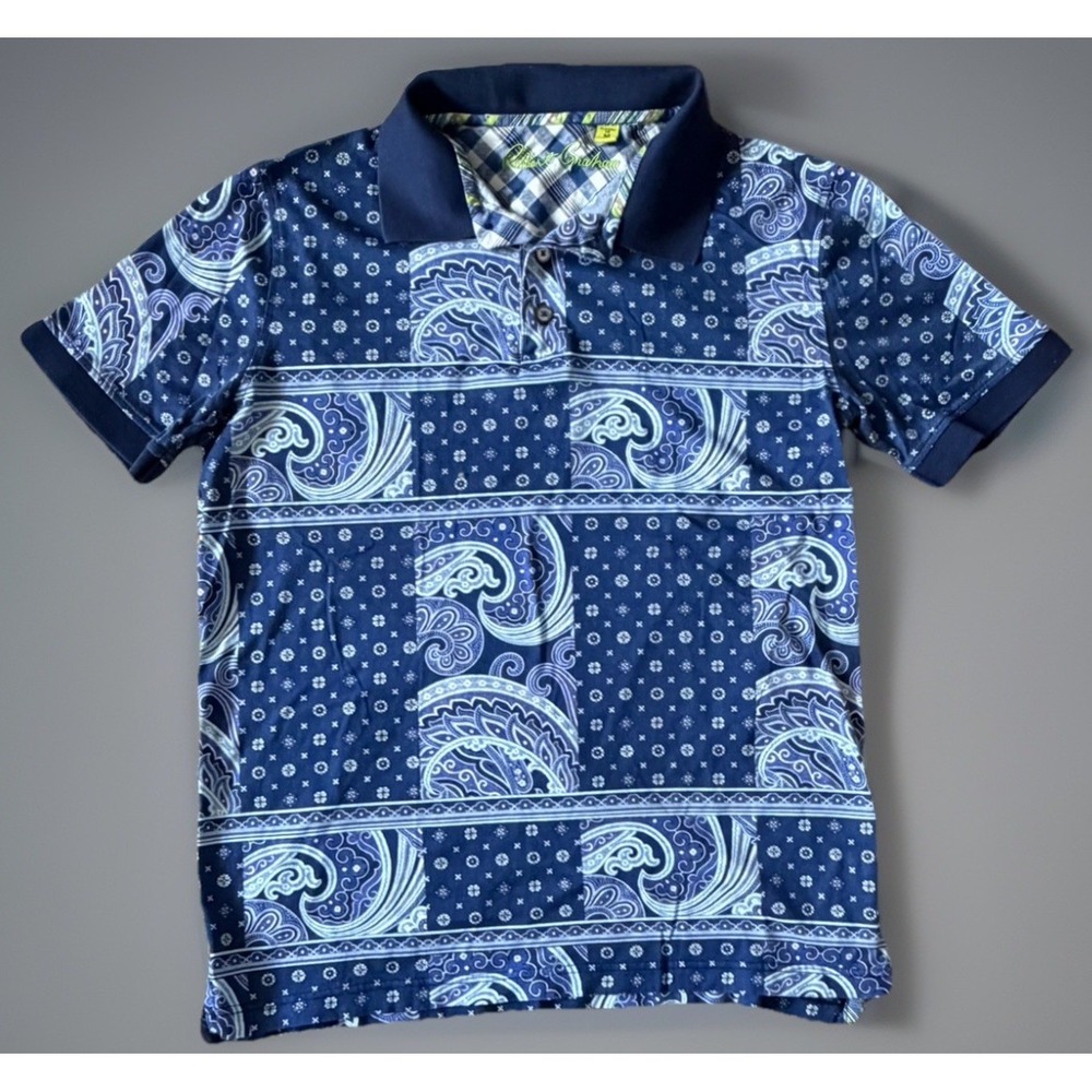 Robert Graham Short Sleeve Polo Shirt Abstract Patch Paisley Blue Medium JBHS